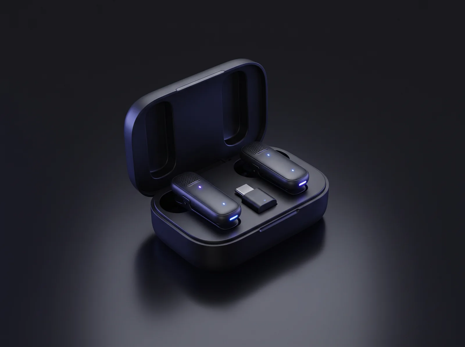 Concept render of two clip-on wireless microphone transmitters and a USB-C receiver in a charging case