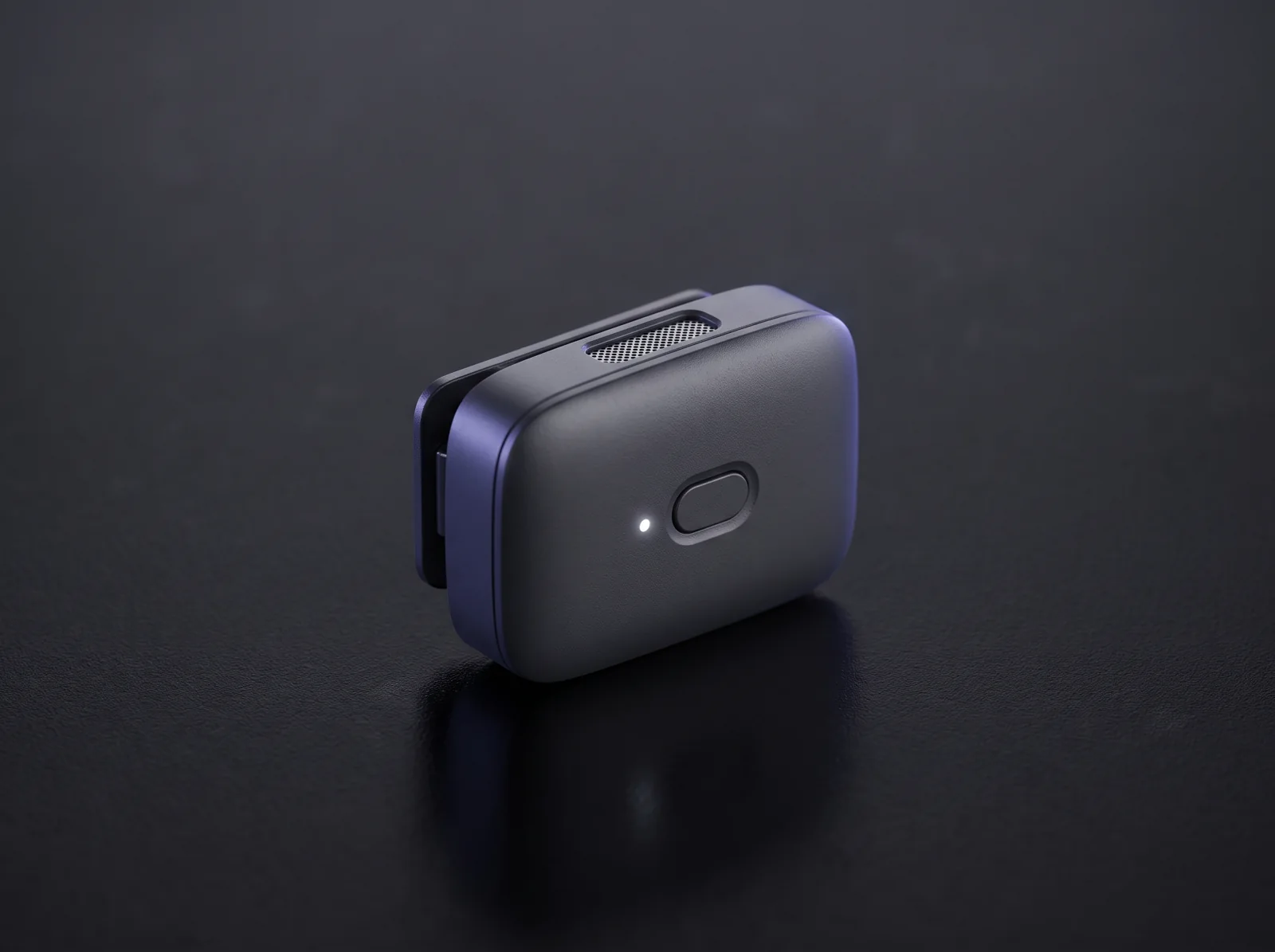Concept render of a clip-on lavalier transmitter with a magnetic clip and a recording light