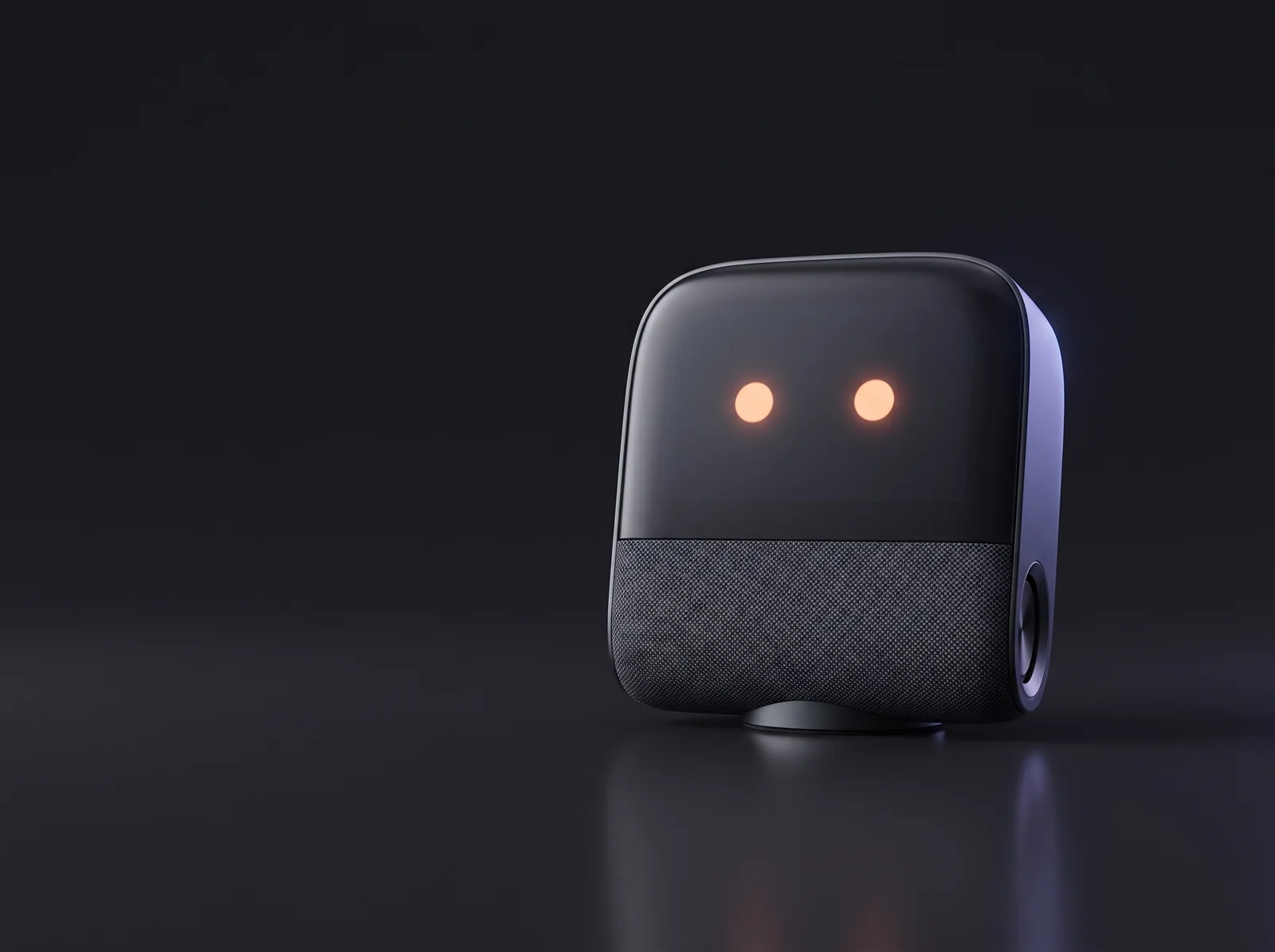 Concept render of a small desk companion with a rounded screen and a fabric speaker base