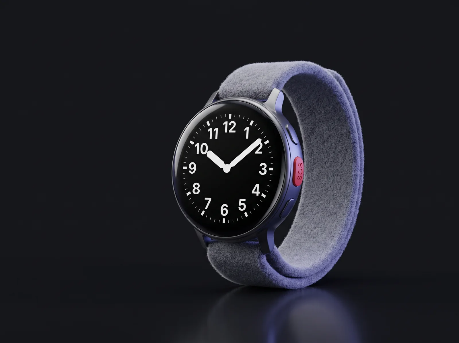Concept render of a 4G senior watch with a large clock face and a red SOS button