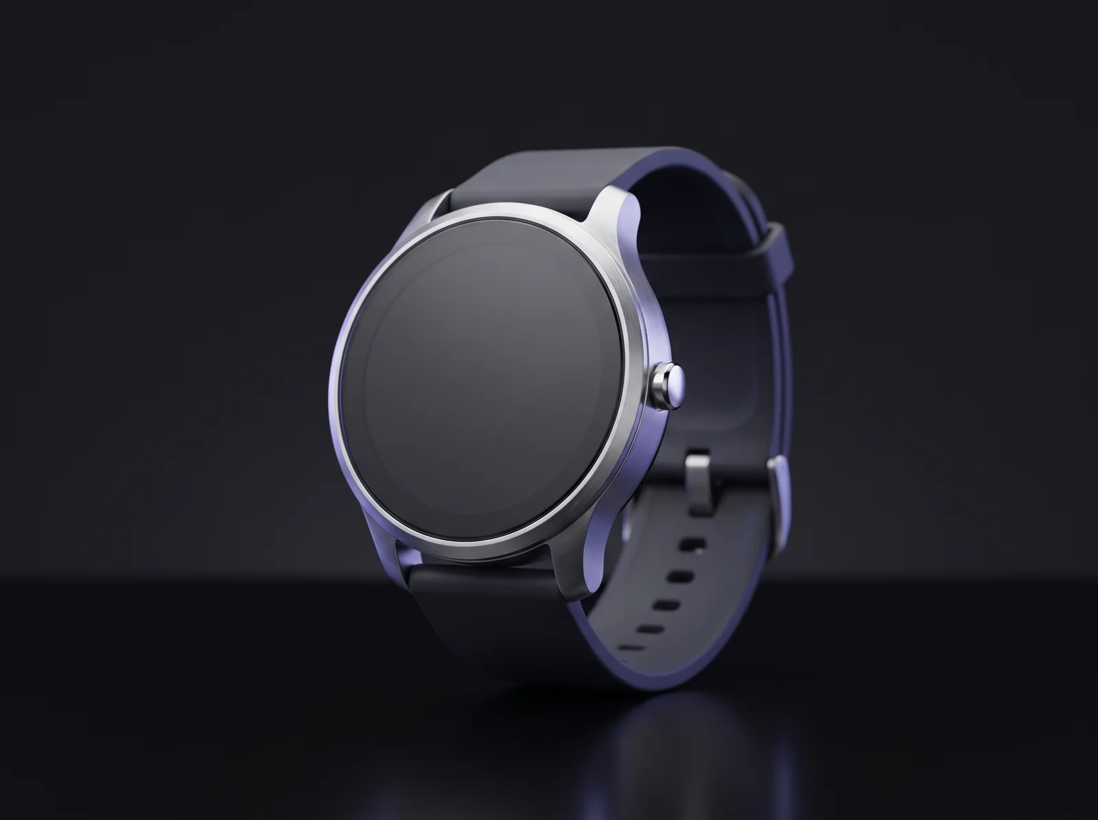 Concept render of a round health watch with a plain dark screen and a silicone strap