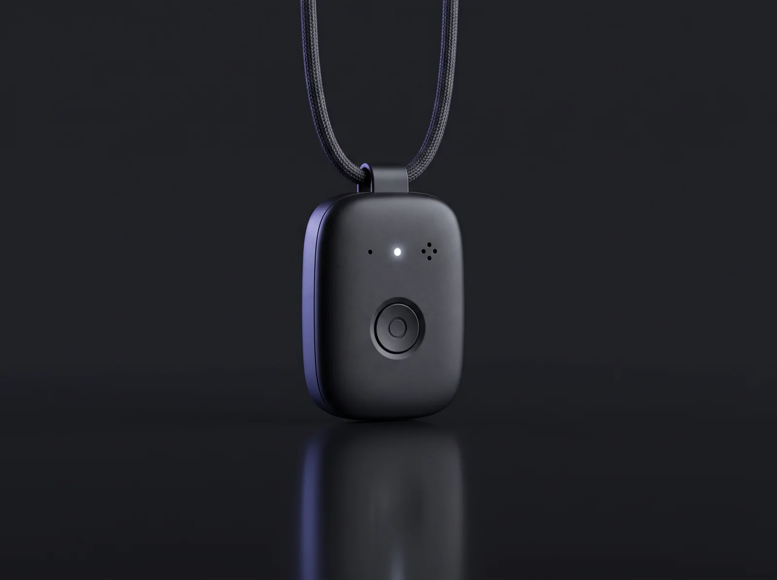 Concept render of a matte recording pendant with a single button and a visible recording light