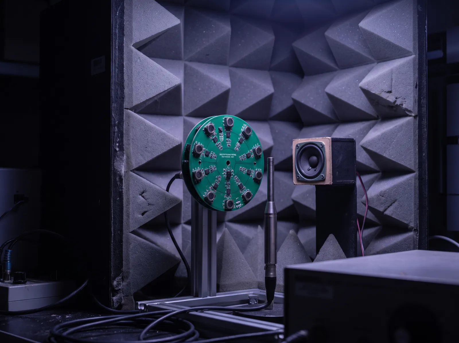 Illustration: a microphone-array board in an acoustic test box with a reference microphone