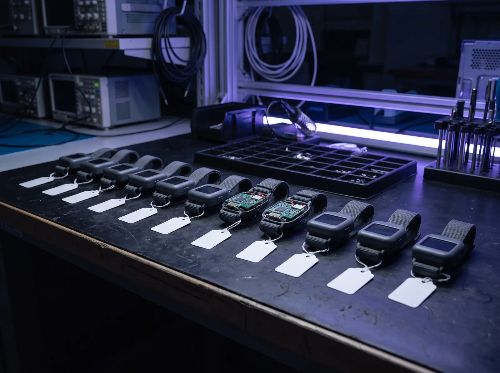 Illustration: a row of EVT sample units on a bench, some opened to show the boards inside