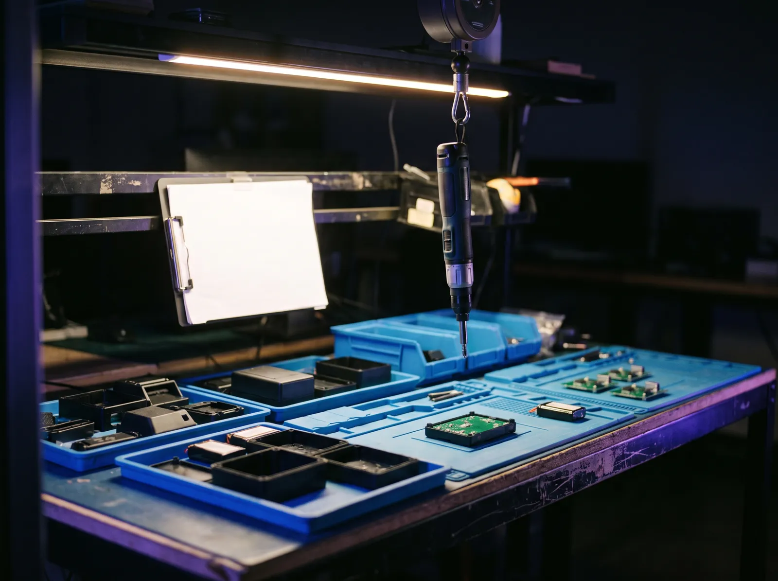 Illustration: a small-batch assembly bench with trays of housings, boards and screwdrivers