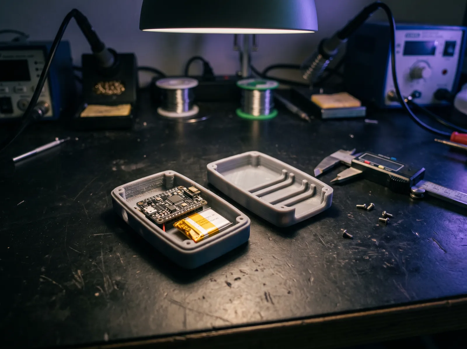 Illustration: unpainted 3D-printed enclosure halves with a circuit board fitted inside, next to calipers