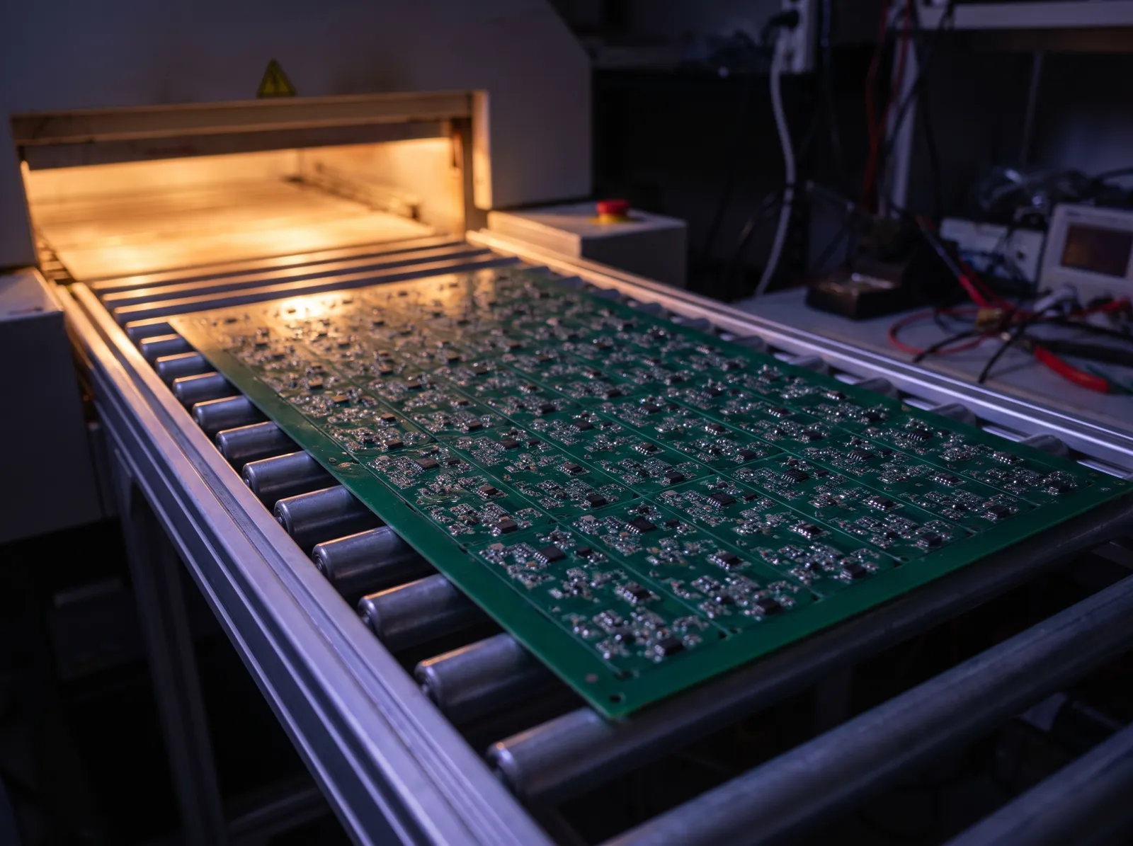 Illustration: a panel of small circuit boards just out of the reflow oven