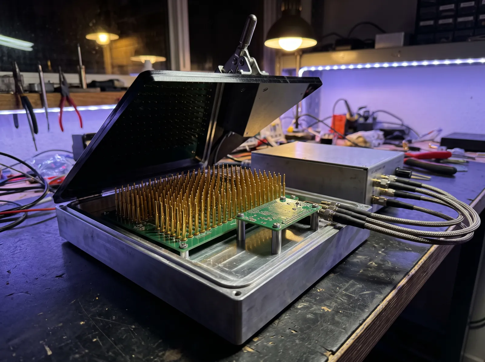 Illustration: a pogo-pin functional test fixture with a circuit board seated for testing
