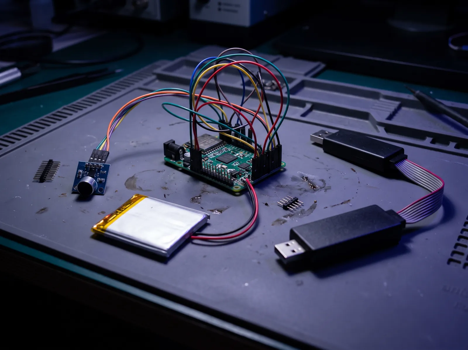 Illustration: a works-like prototype wired from a dev board, a microphone breakout and a small battery